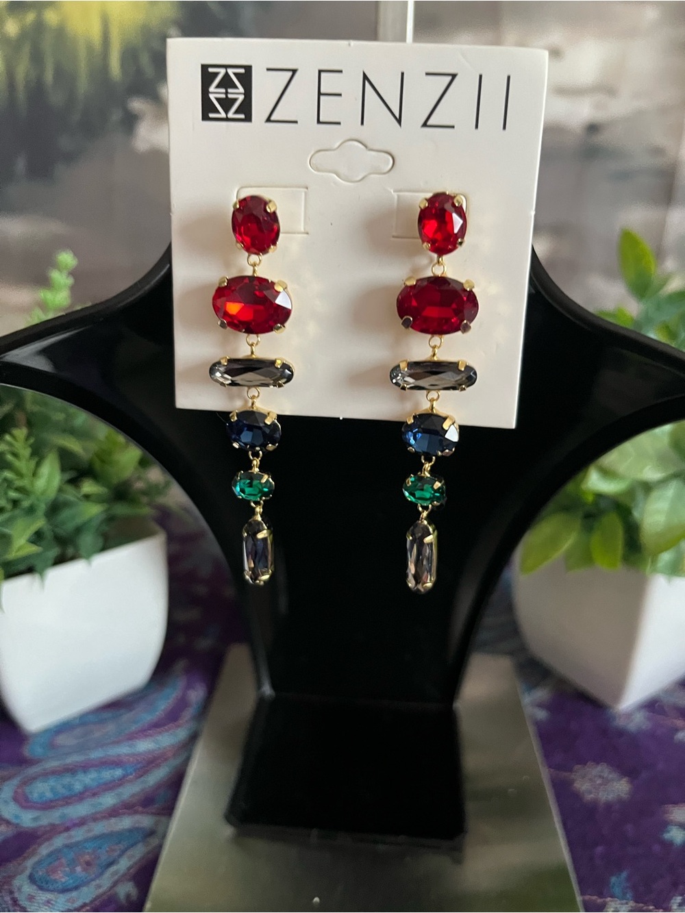 Zenzii Gold-Tone Multi-Gem Drop Earrings – Red, Blue & Green